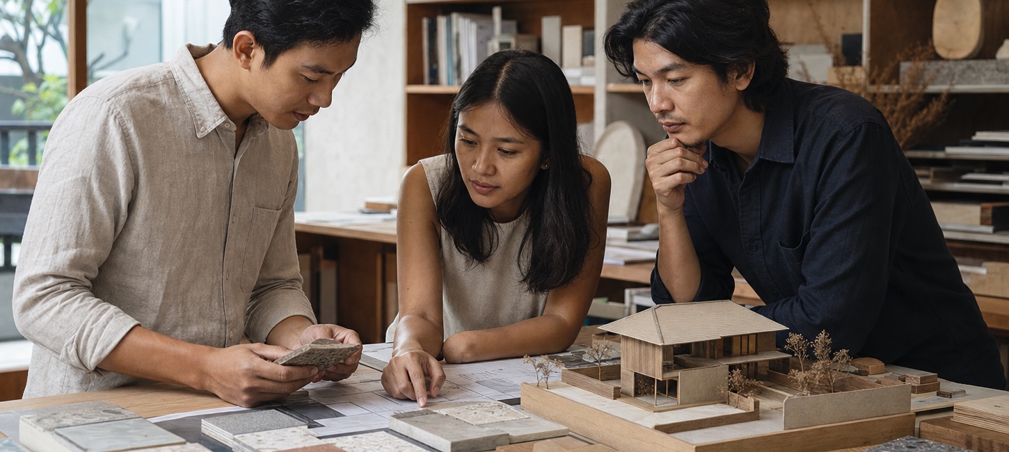 Cambodian architects reviewing materials